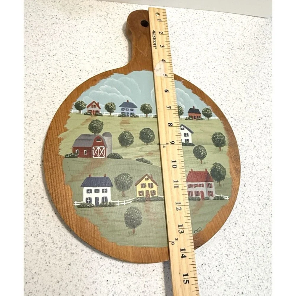 VTG Wood Hand Painted Bread Cutting Board Houses Farmhouse Grammacore Farm